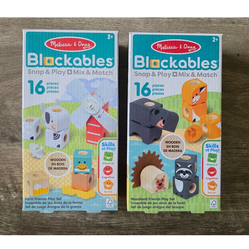Melissa & Doug Blockables Wooden Snap & Play Farm & Woodland Friends Set 2pk